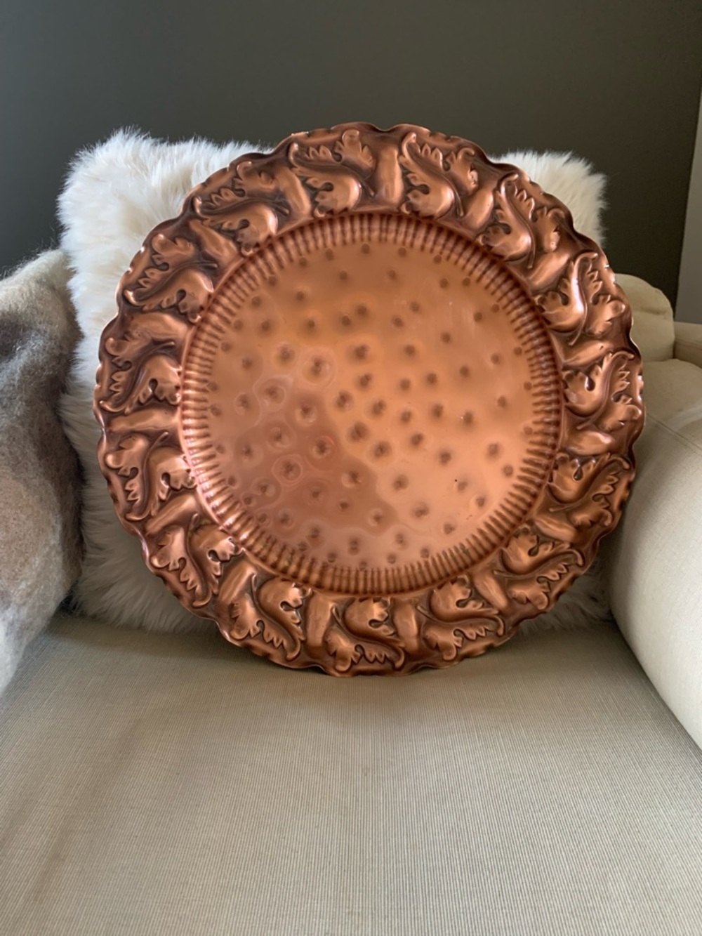 Vintage large 15” Hammered Solid Copper Platter/Wall Plate - Ornate Border